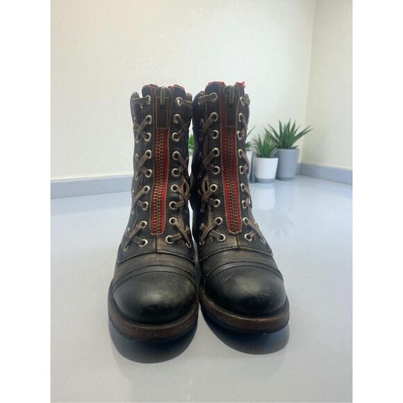 Freebird by Steven Liverpool 7 Brown Leather Lace Up Combat Boots Red Zip Women’ - Picture 3 of 11